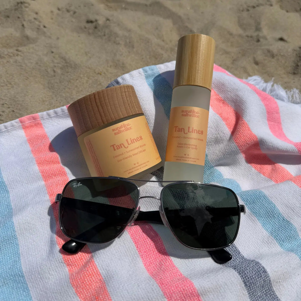 Tan Lines Reed Diffuser and Room + Car Spray with coconut and sunwashed woods fragrance by Sunshine + Saltwater