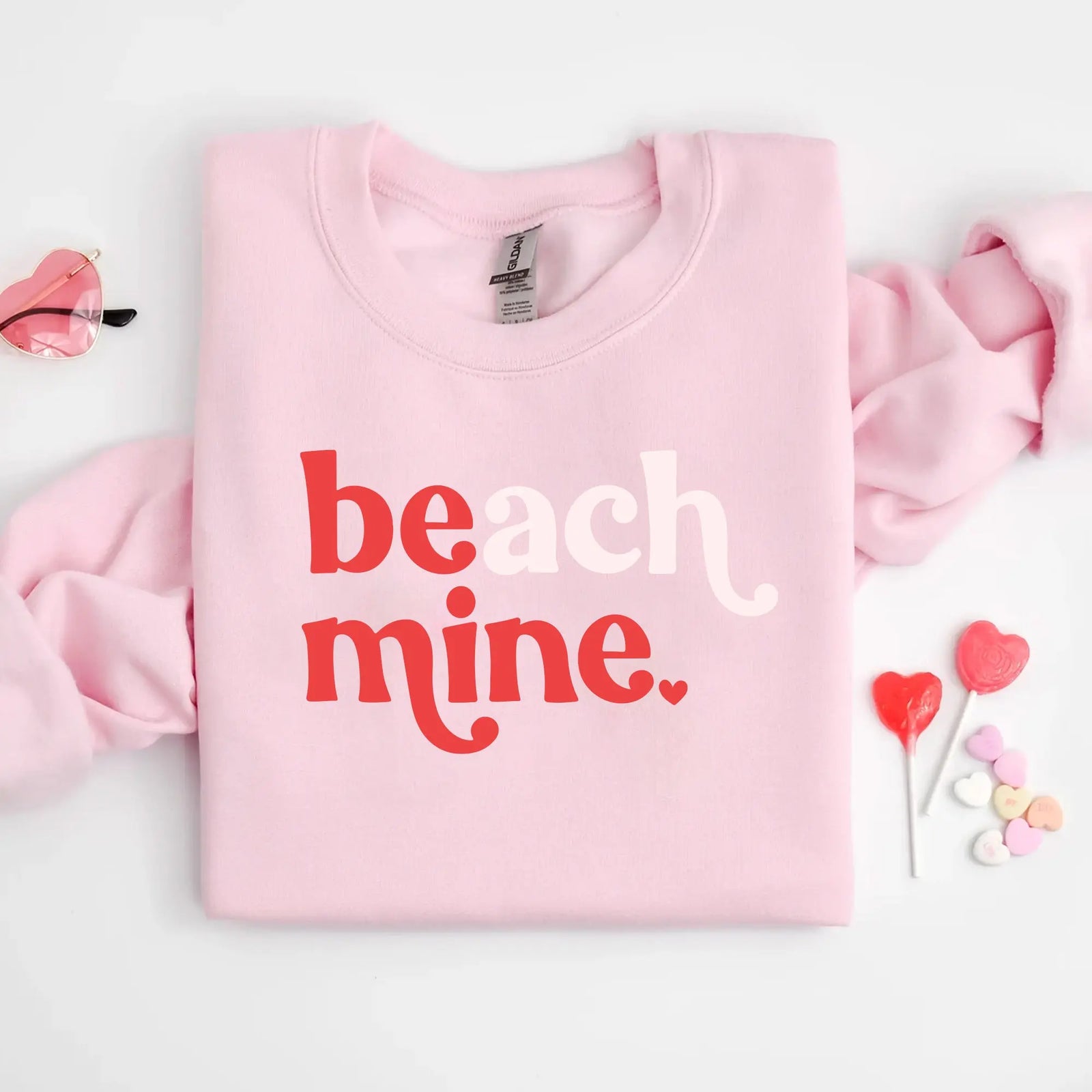 pink valentine's day sweatshirt with beach mine graphic
