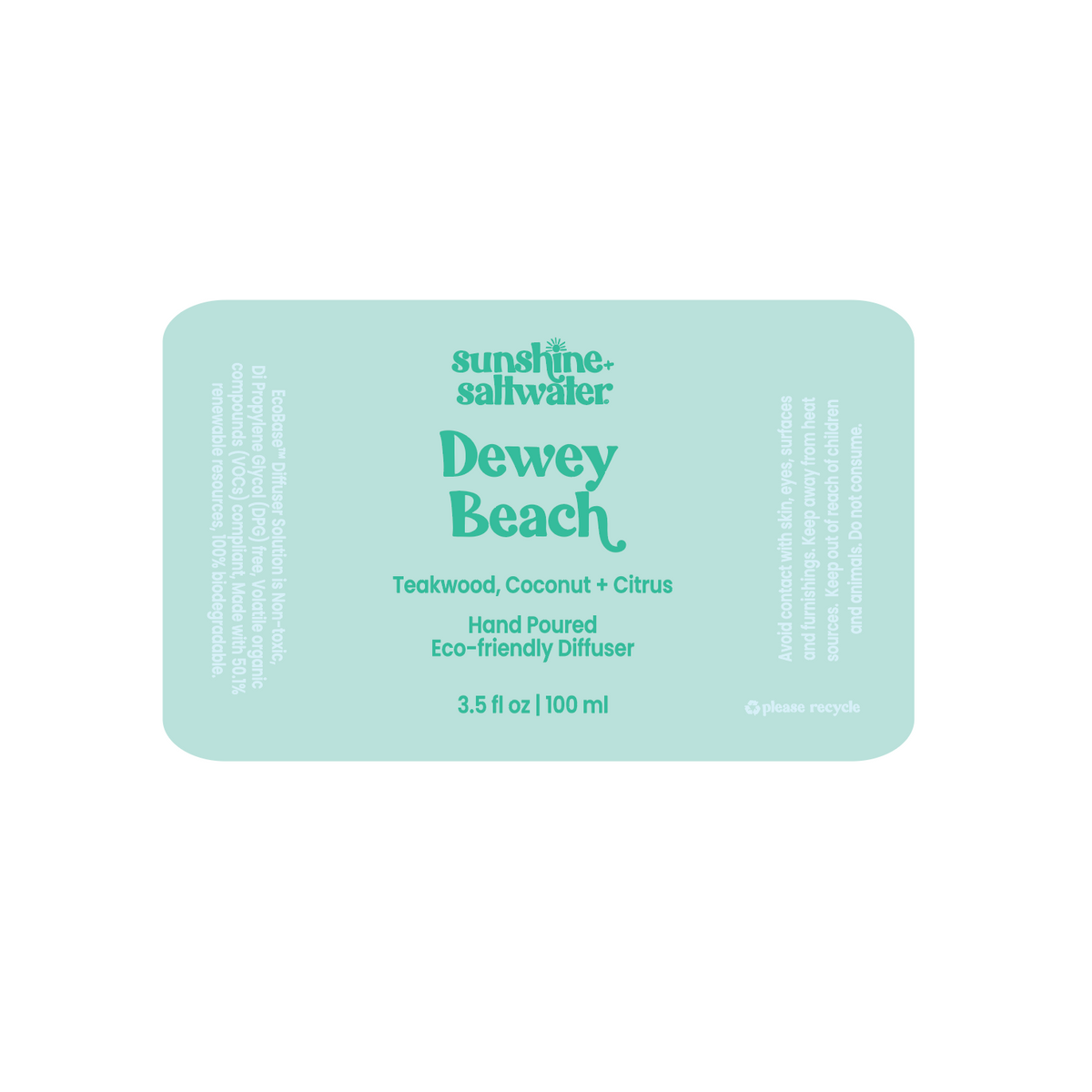 Light blue packaging of &#39;Dewey Beach&#39; diffuser with text on a white background