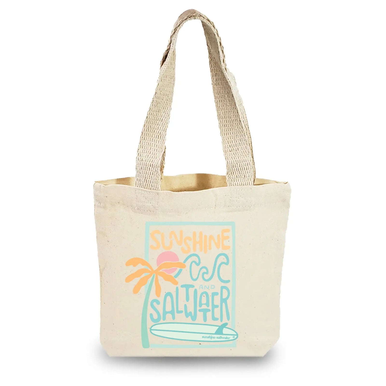 sunshine and saltwater logo with surfboard graphic on mini canvas gift bag