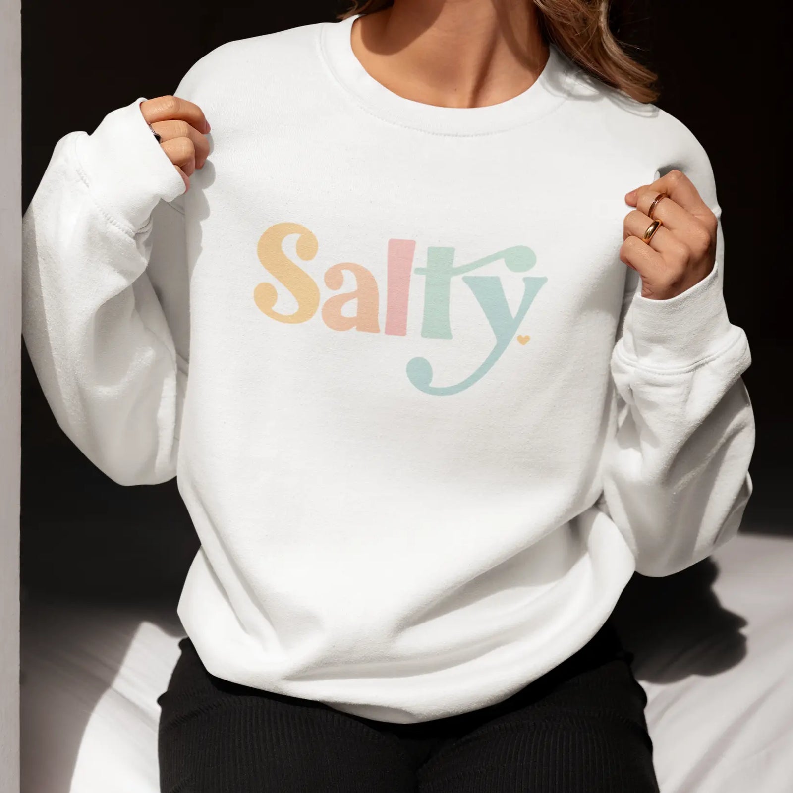 woman modeling Salty Sweatshirt