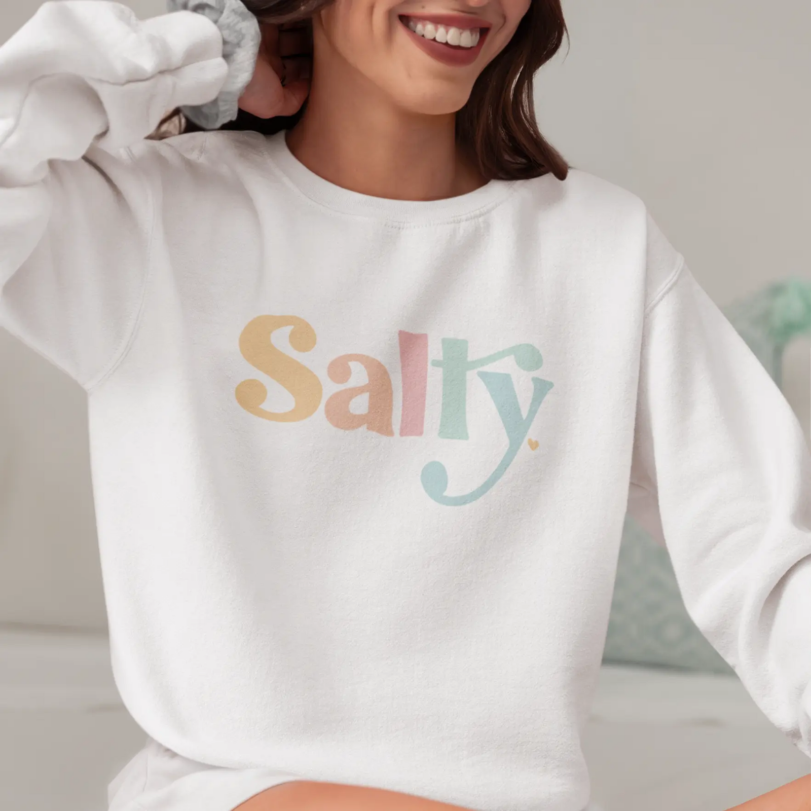 woman modeling Salty Sweatshirt