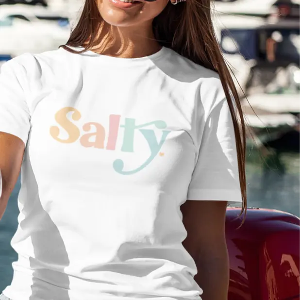 model wearing salty t-shirt in white