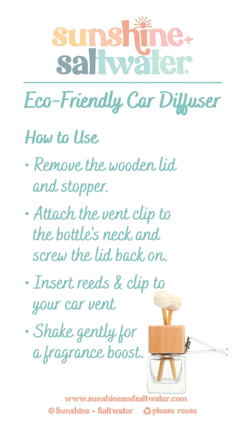 Car Diffuser + Refill Shelf Instructions (business card size) Sunshine + Saltwater