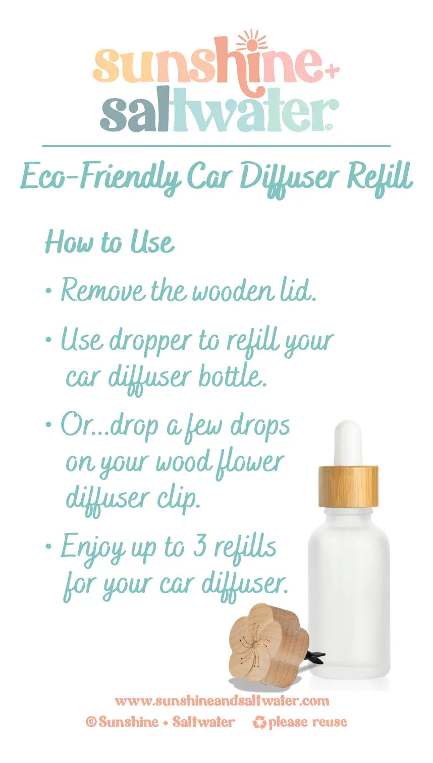 Car Diffuser + Refill Shelf Instructions (business card size) Sunshine + Saltwater