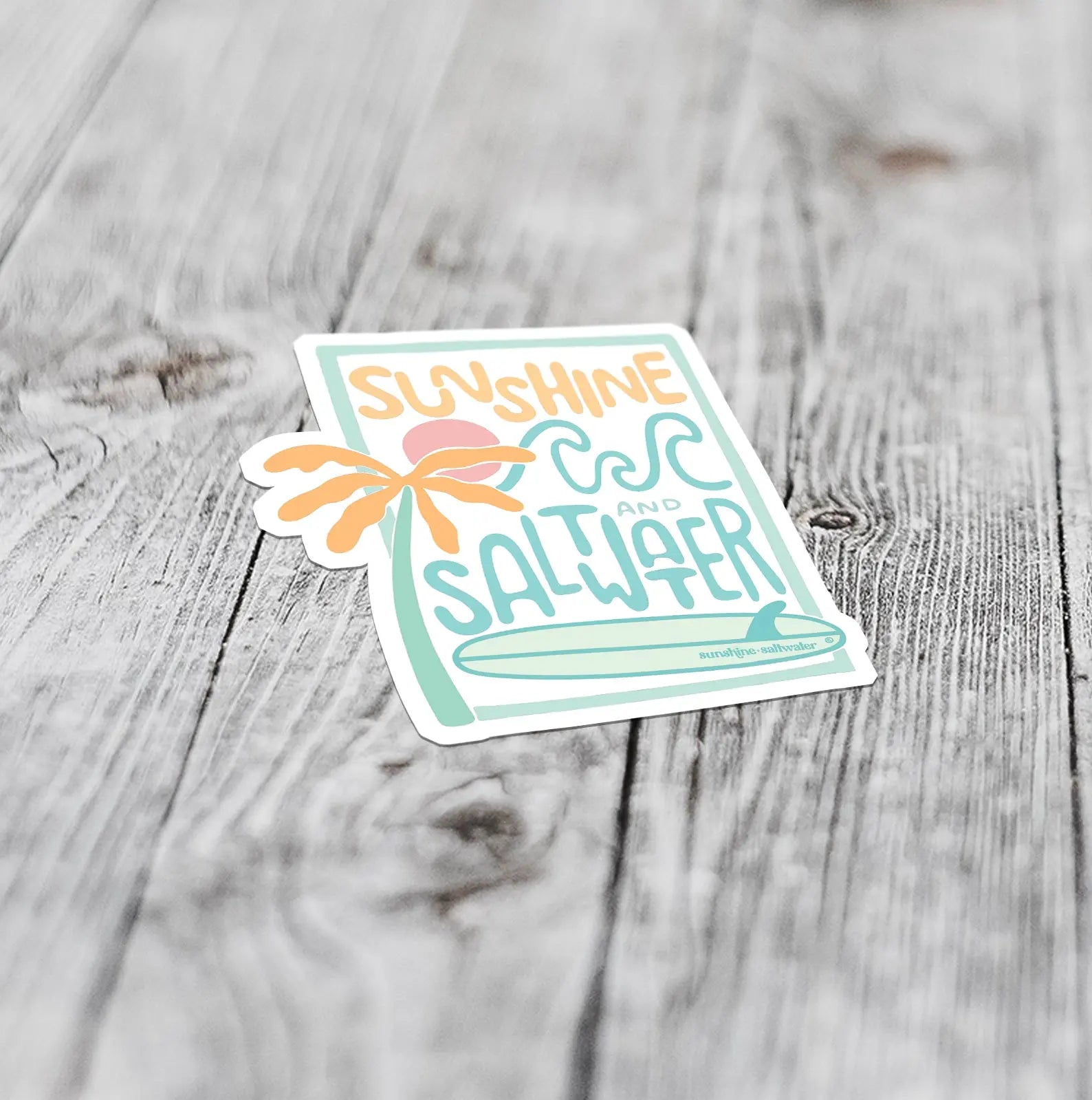 sunshine and saltwater large sticker with surfboard graphic