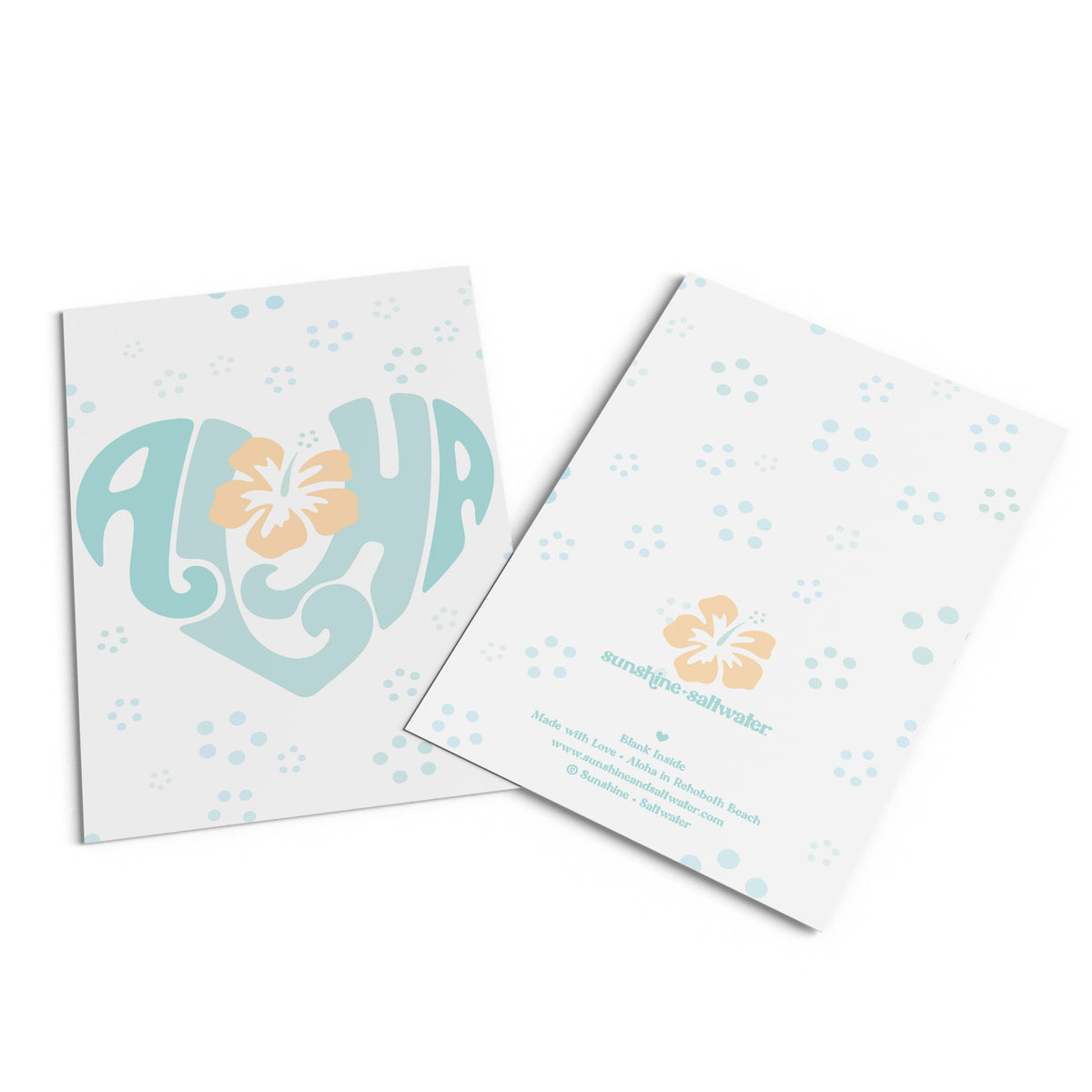 front and back of aloha love card in blue