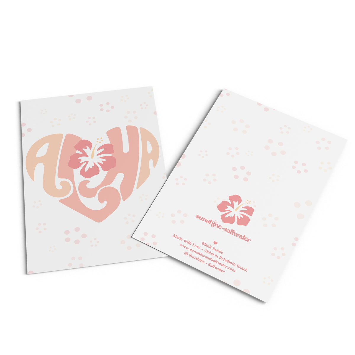 front and back of pink aloha love card