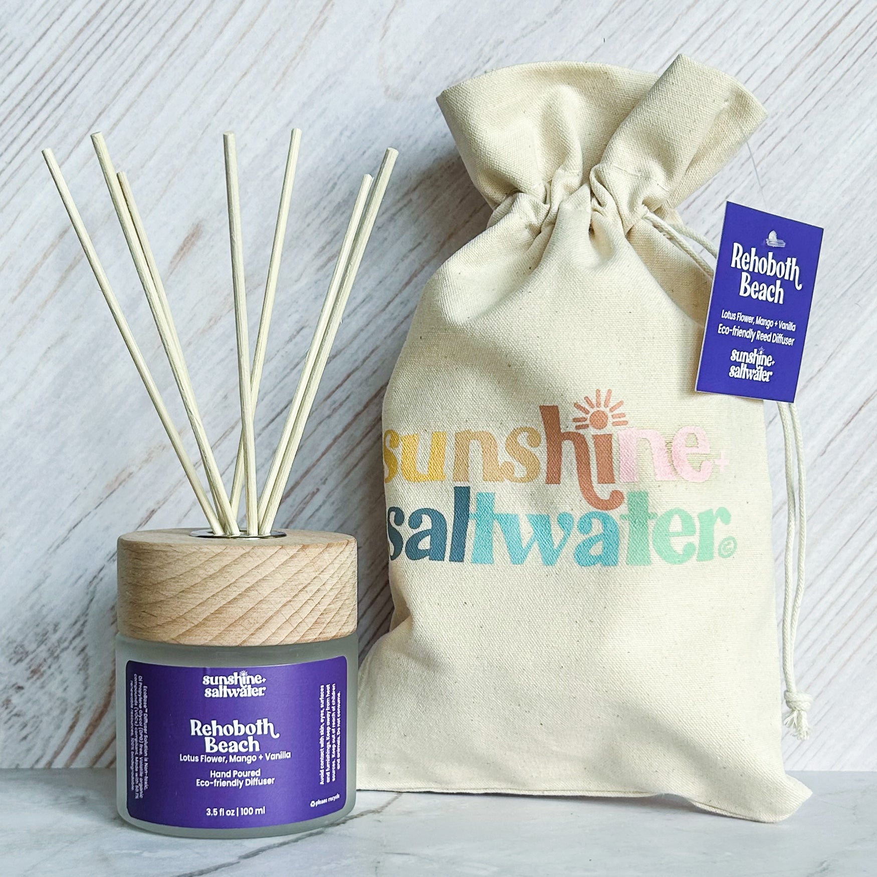 Rehobeth Beach reed diffusers with mango, lotus flower, and vanilla