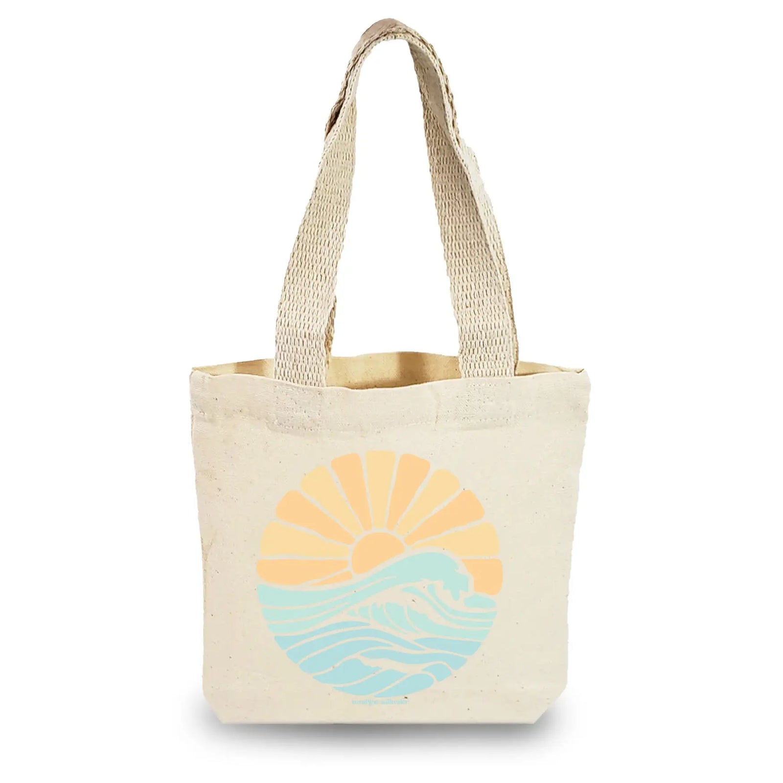 sun and wave graphic on mini tote bags