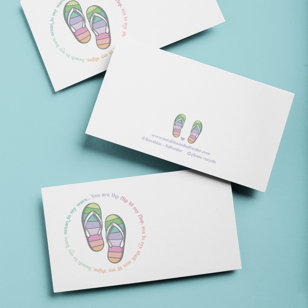 tiny greeting cards with colorful flip flop graphic printed on white card