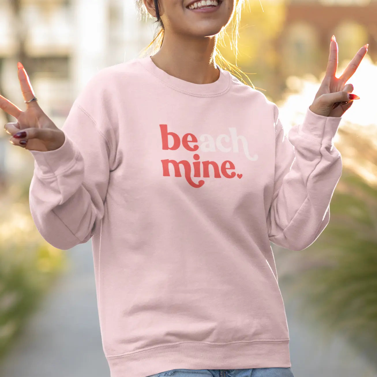 pink valentine's day sweatshirt with beach mine graphic